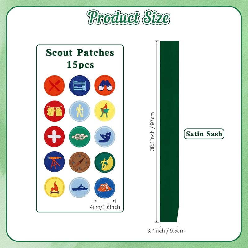 Hisxierng 18PCS Halloween Girl Scout Costume Set with Green Beret Hats for Women Scarf for Women Satin Sash Embroidered Scout Patch Badge for DIY Explorer Costume Party Dress Up Wildness Outdoor Exploring - Image 2
